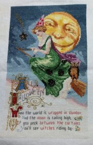 Witches Riding By, a design by Lavender & Lace. Stitched on 28 count monaco "over 2" by Alesia Matson.