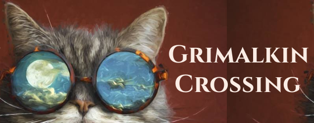 The Grimalkin in the header at Grimalkin Crossing Cross Stitch Designs. The head of a gray tabby wearing round glasses -- each lens reflecting different scene. One reflects a moon among broken clouds. The other reflects ocean and rocks.