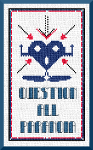 Intentional stitching with Karma Charms. This design is "Question All Paranoia" and features an abstract heart face, melting panic. Colors are primary red and navy blue. The titular legend is in a medium blue font.