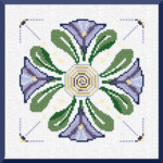 Spring Cross Seasonal Sampler. Four stylized irises surround a purple and yellow spiral. From Grimalkin Crossing.