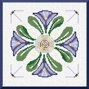 Spring stitching with irises. Our "Spring Cross" Seasonal Sampler features abstract irises in rich blues, framed by green leaves and surrounding a creation spiral. From Grimalkin Crossing.