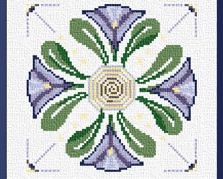 Spring stitching with irises is a counted cross stitch design featuring four stylized irises framed with green leaves and surrounding a creation spiral. From Grimalkin Crossing.