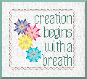 Creations Begins With A Breath, the first Karma Charms design from Grimalkin Crossing. The image contains four bright, colorful flowers and the title, surrounded by a violet and yellow-gold border.