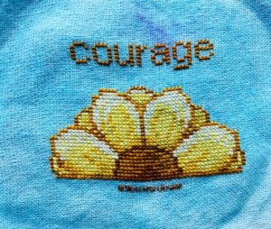 Courage For Ukraine, fundraiser for Ukrainian refugees, stitched finish by IG: leftfieldwhimsy. Design by Grimalkin Crossing