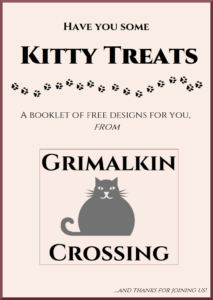 Cover image for Kitty Treats, a free pdf booklet of cross stitch patterns from Grimalkin Crossing.