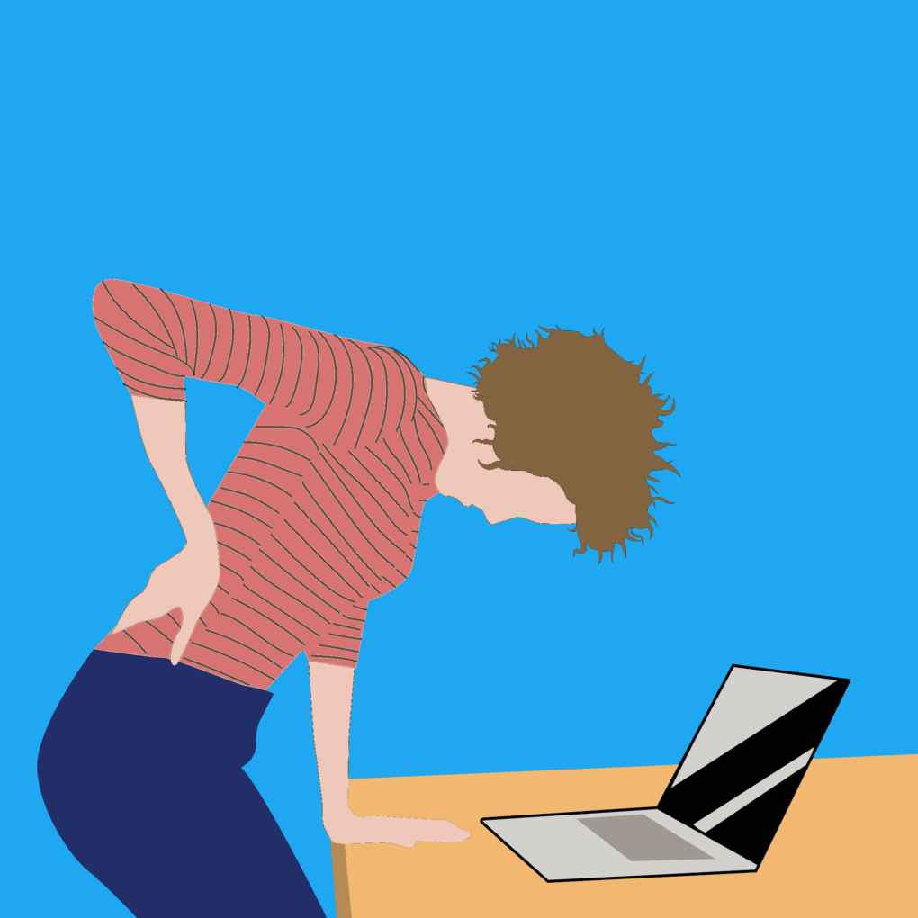 Hip injury update: illustration of a woman bent over a laptop computer with her hand on her back. via Grimalkin Crossing