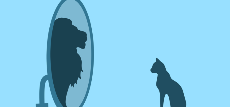 Stitching makes you better at everything! This silhouette image shows a domestic house cat seated on the left. ON the right, a mirror reflects the silhouette of a lion. From Grimalkin Crossing