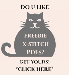 This button has Grimalkin Crossing's gray cat logo with these words: do u like freebie x-stitch pdfs? get yours! click here" The article is "Fast 5: Ways to Destress Yourself with Cross Stitch."