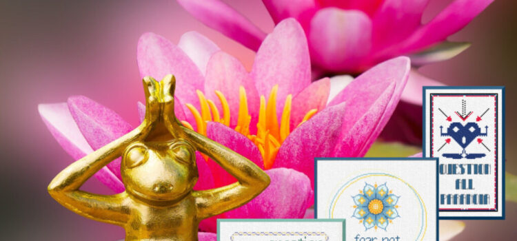 This Karma Charms picture includes a golden frog statuette seated in lotus position, with pink lotuses and the first three Karma Charms designs. Don't just pray there. Stitch something. From Grimalkin Crossing.