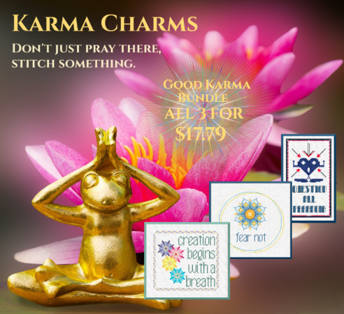 Karma Charms Good Karma Bundle image: 2 pink lotuses and a golden frog seated in lotus, with images of the 3 Karma Charms designs. A starburst is behind the words "Good Karma Bundle All 3 for $17.79. From Grimalkin Crossing.