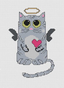 Monday motivation -- Angel Cat! It's an image of a cartoon gray tabby cat with a crooked pink heart and a golden halo. From Grimalkin Crossing.