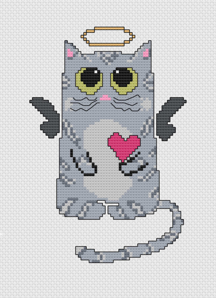 Angel Cat preview image. It's a cartoon gray tabby cat with a crooked pink heart and a golden halo. From Grimalkin Crossing.