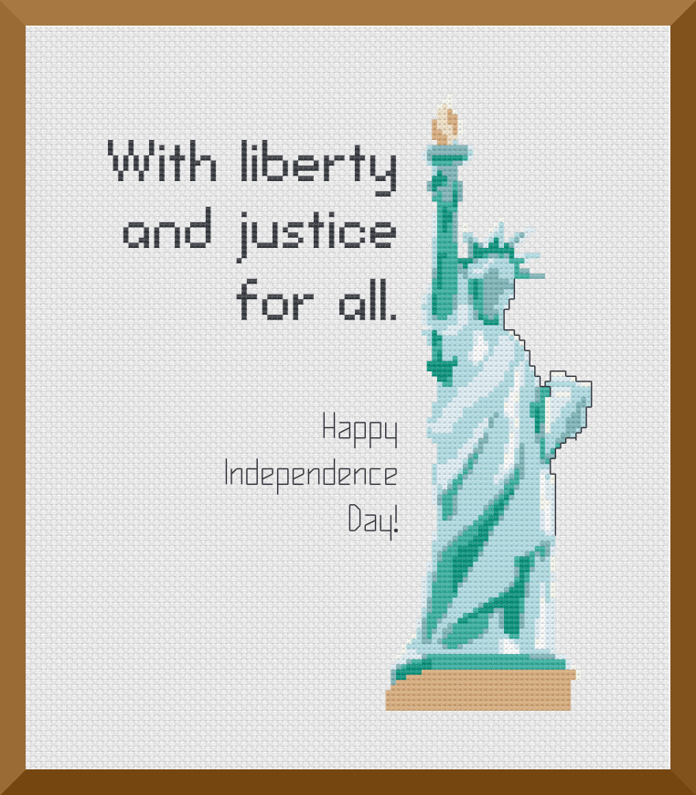 For your July 4th holiday, stitch this modern rendering of the Statue of Liberty with the words "With Liberty and Justice for All" and a wish for a Happy Independence Day!
