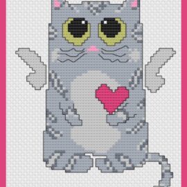A unique gift for cat lovers! The image depicts a cartoon illustration of a grimalkin (gray cat) with wings, angelic halo, big pleading eyes, and a lopsided pink heart. From Grimalkin Crossing.