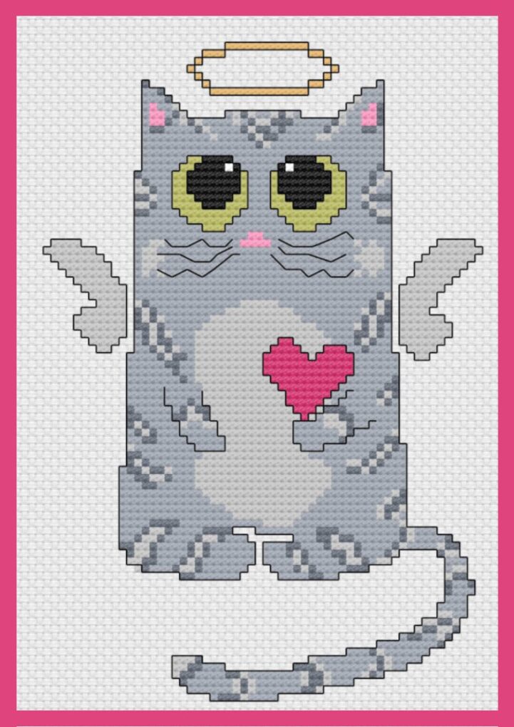 A unique gift for cat lovers! The image depicts a cartoon illustration of a grimalkin (gray cat) with wings, angelic halo, big pleading eyes, and a lopsided pink heart. From Grimalkin Crossing.